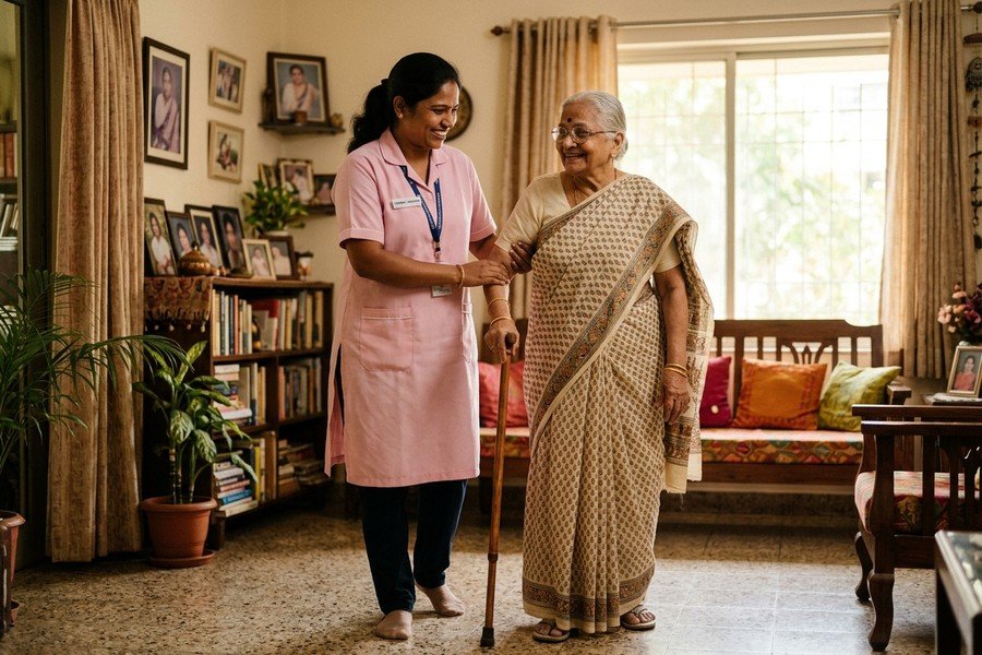 Cozy Healthcare caregiver holding elderly hands with affection